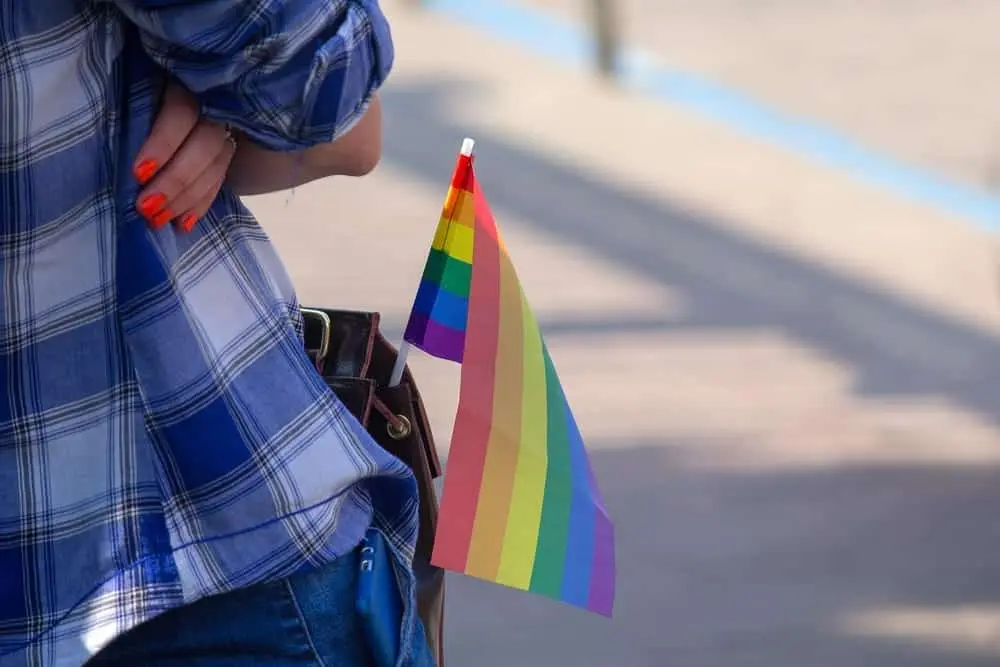 A person carrying a rainbow pride flag