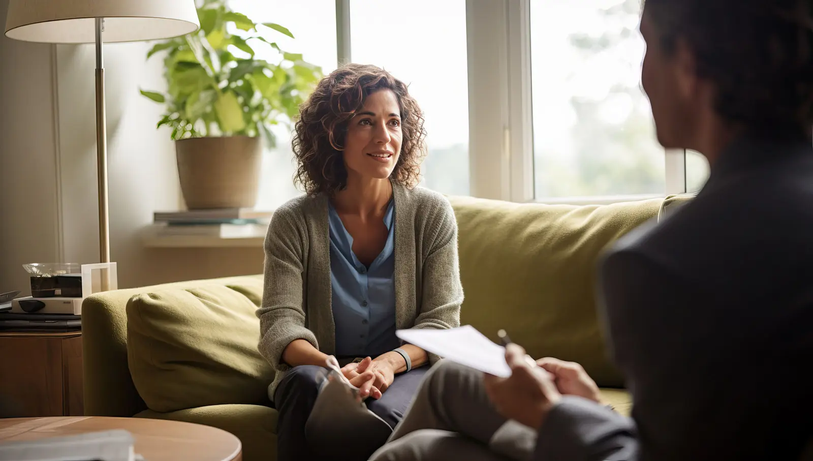 A woman talking through a DBT session with her therapist